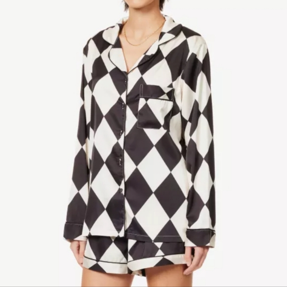 THE NAP CO Womens Black Diamond-pattern Contrast-piping Stretch-satin Pajamas